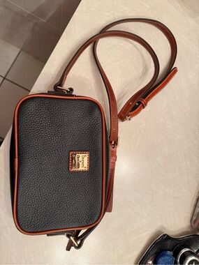 Dooney & Bourke Black Pebble Leather Crossbody with Brown Trim and Strap